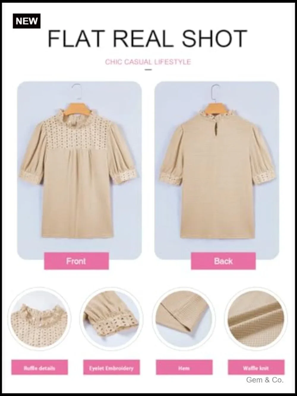 Waffle Knit Frill Trim Mock Neck Puff Sleeve Blouse Top - Picture 5 of 7